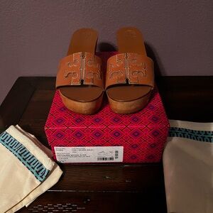 Tory Burch Brown Platform Slides